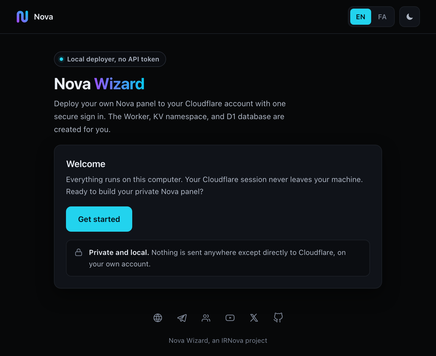 The Nova Wizard page in a browser. A Welcome card with a Get started button, and a note reading: Private and local. Nothing is sent anywhere except directly to Cloudflare, on your own account.